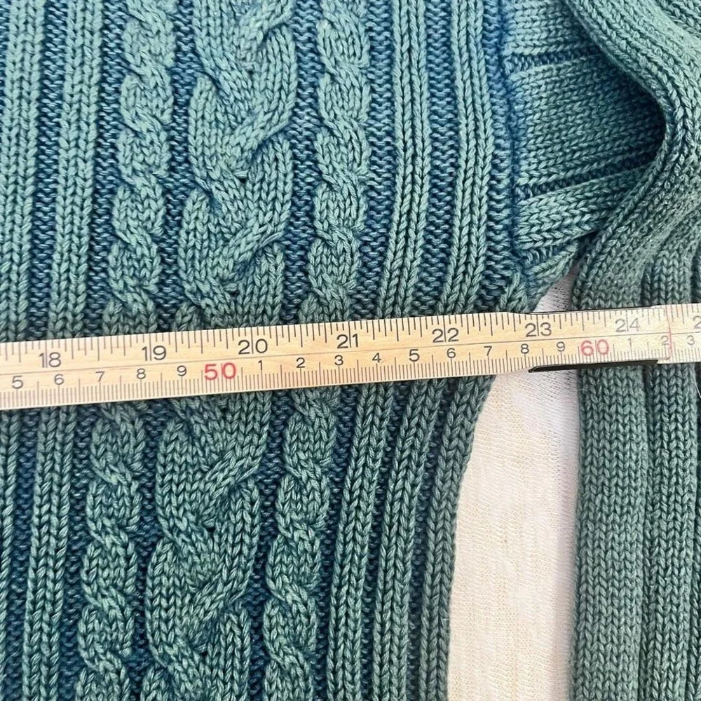 Izod Vintage 90s Cotton Sweater Men's M Green Cable Knit‎ V-Neck Geometric Trim